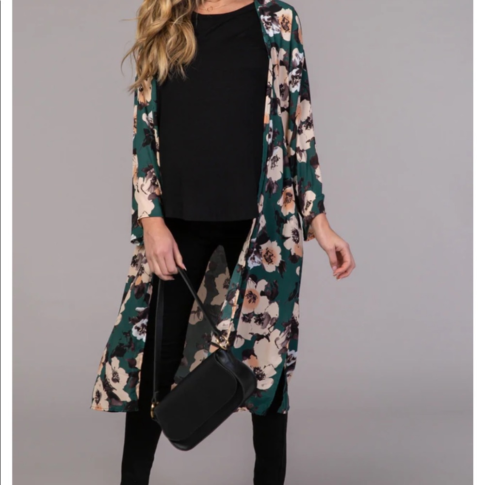 PinkBlush Green Floral Print Chiffon Long Maternity Kimono - Medium